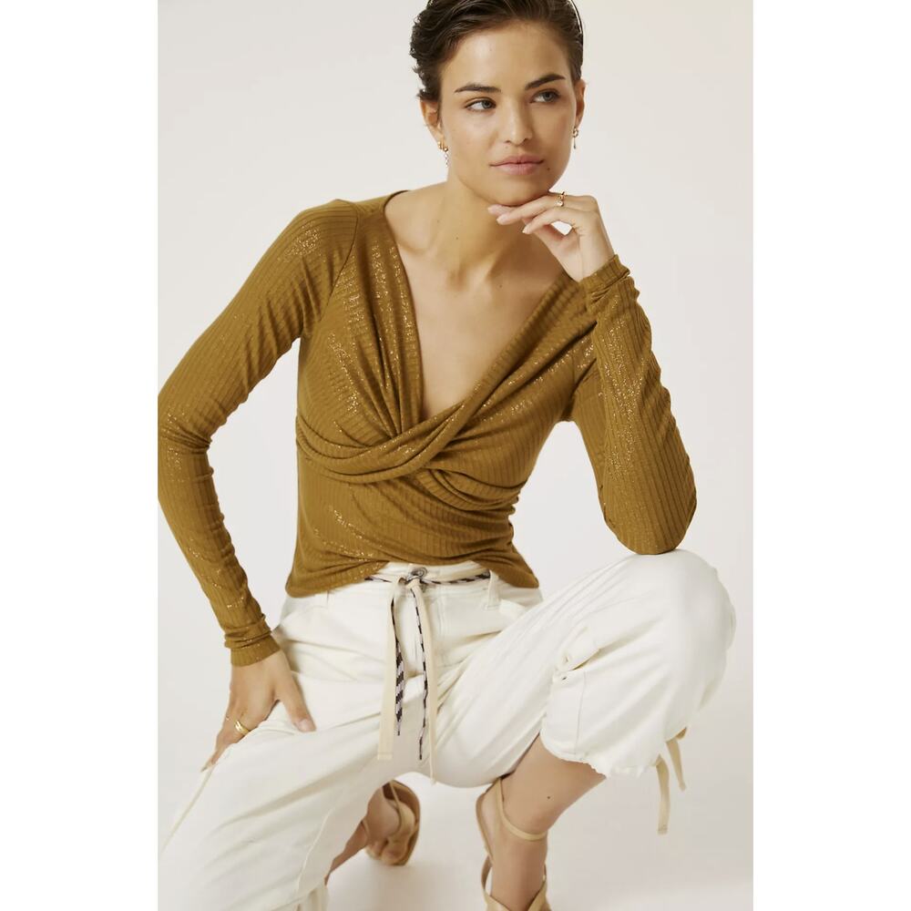 NWT Anthropologie Twist-Front Shimmer Long Sleeve Top - XL